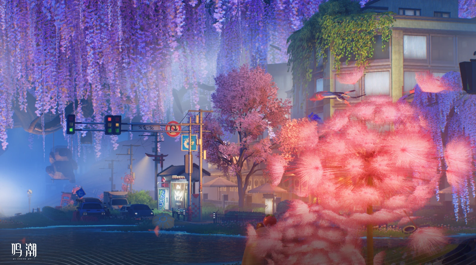 紫藤花垂落的夜晚街区